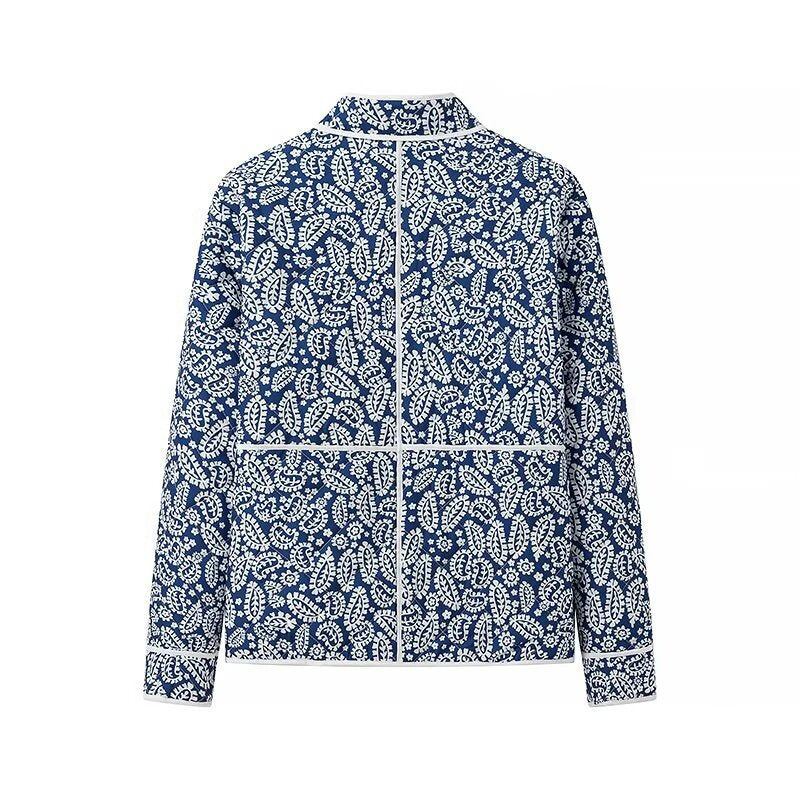 Damen gesteppte Übergangsjacke mit Stehkragen, Paisley‑Print und Kontrastpaspel Drune