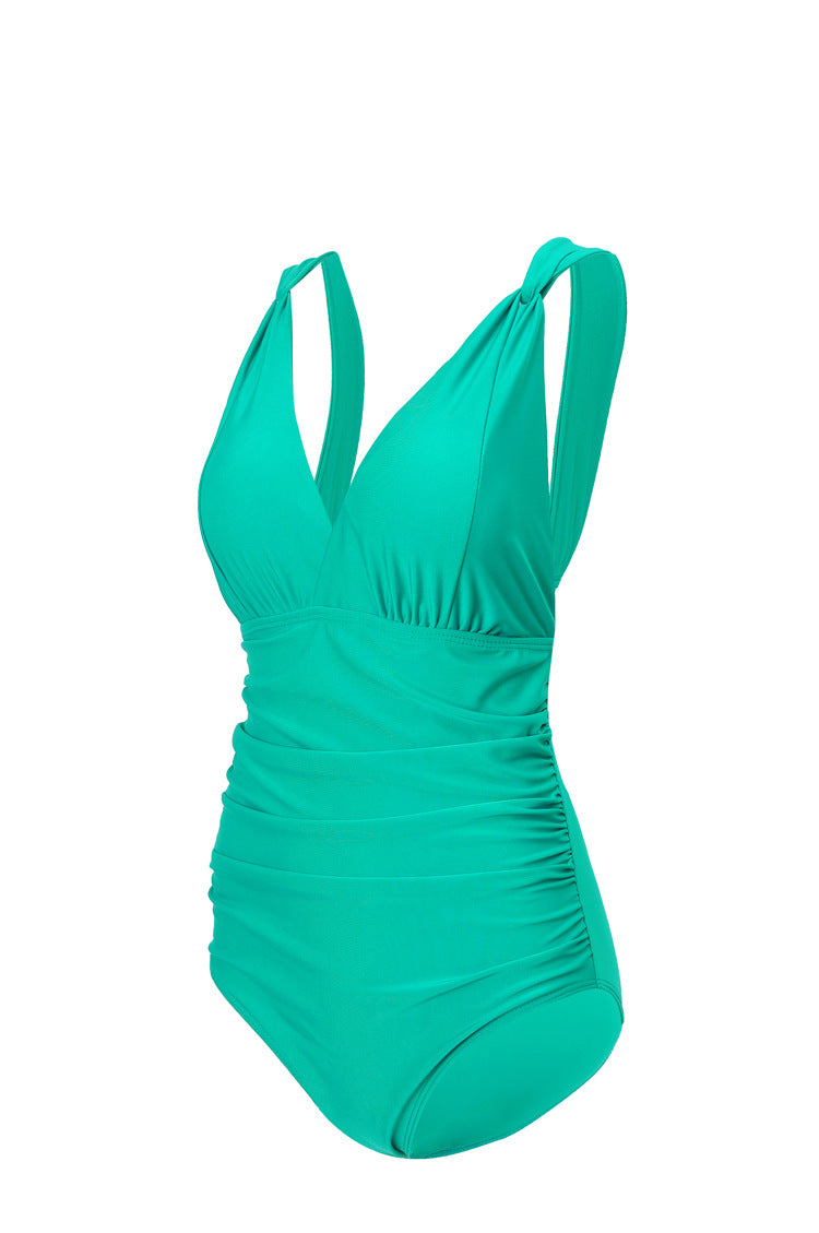 Damen Eleganter Einteiler Badeanzug mit Wickeloptik und Raffung Drune