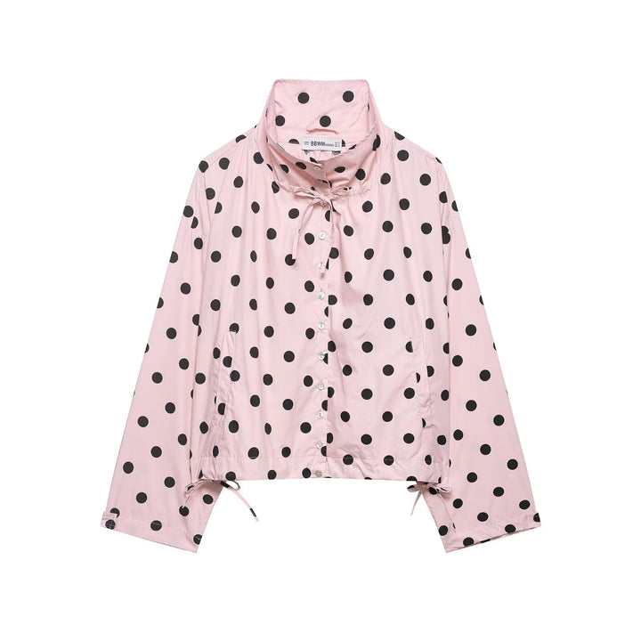 Damen Leichte Oversize-Polka-Dot Windjacke mit Stehkragen, Knopfleiste und Kordelzug Drune
