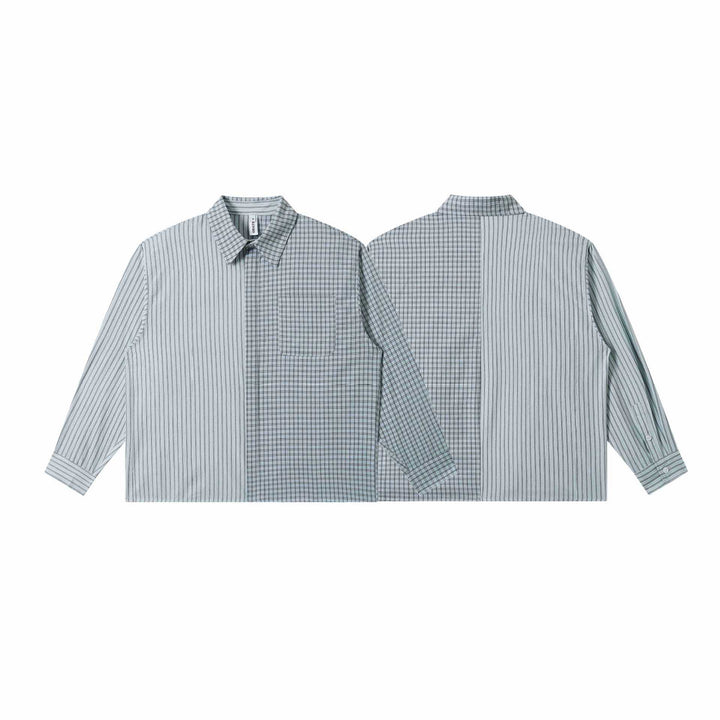 Unisex Oversize-Hemd mit geteiltem Streifen- und Karo-Design Drune