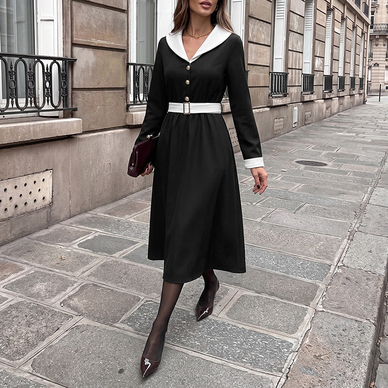 Damen Vintage-inspiriertes A-Linien Midikleid mit kontrastierendem Reverskragen, Taillengürtel und goldenen Zierknöpfen Drune