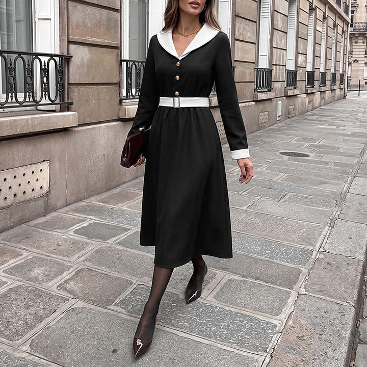 Damen Vintage-inspiriertes A-Linien Midikleid mit kontrastierendem Reverskragen, Taillengürtel und goldenen Zierknöpfen Drune