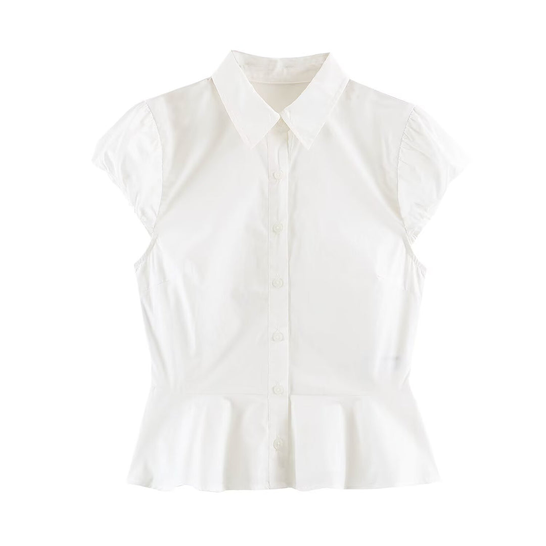 Damen Taillierte Kurzarm-Bluse mit Schößchen, Hemdkragen und feinem Nadelstreifen Drune