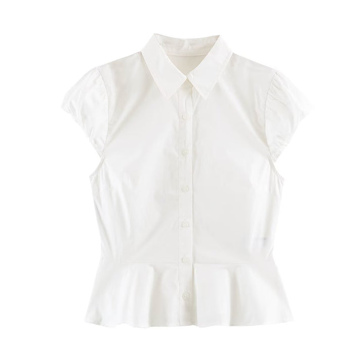 Damen Taillierte Kurzarm-Bluse mit Schößchen, Hemdkragen und feinem Nadelstreifen Drune