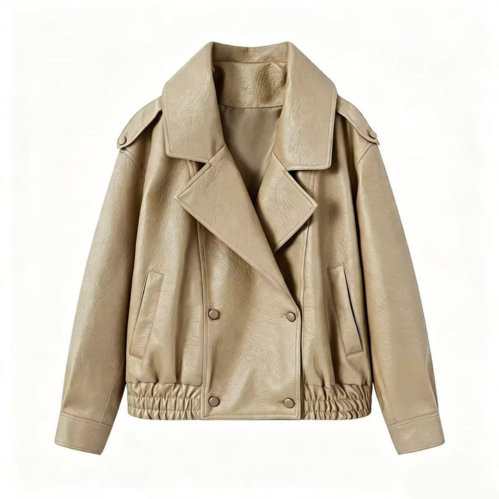 Damen Kurz geschnittener Doppelreihiger Kunstlederblouson mit elastischem Saum Drune