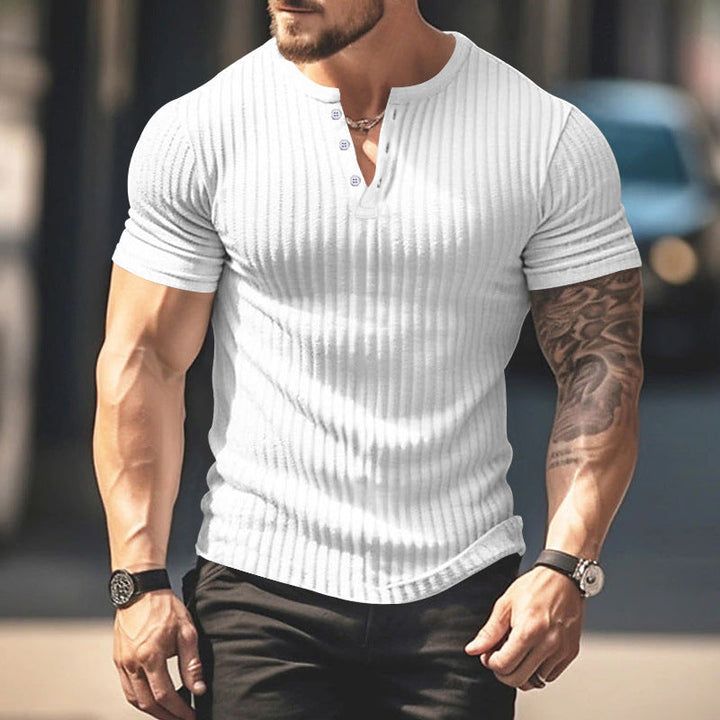 Herren kurzärmeliges Henley-T-Shirt mit strukturiertem Rippdesign und praktischem Knopfverschluss Drune