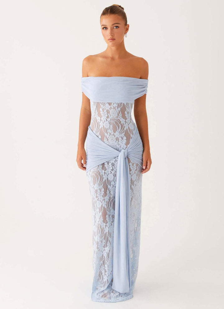 Damen Elegant drapiertes Spitzenkleid mit off-shoulder Design Drune