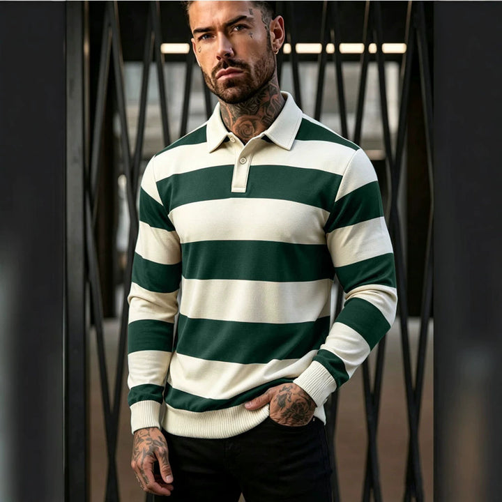 Herren gestreifter Rugby-Polo-Pullover mit Knopfleiste und Rippbündchen Drune