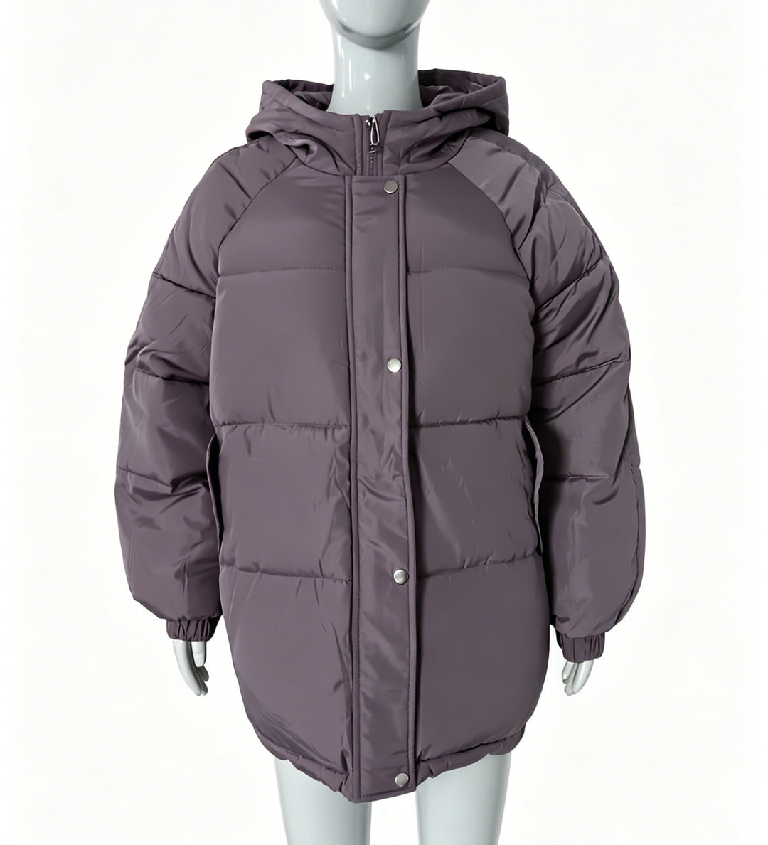 Damen Oversize-Steppmantel mit Kapuze, Druckknopfleiste und elastischem Saum Drune