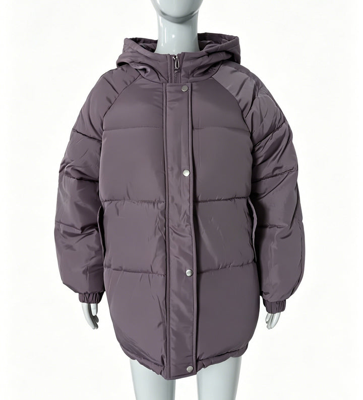 Damen Oversize-Steppmantel mit Kapuze, Druckknopfleiste und elastischem Saum Drune