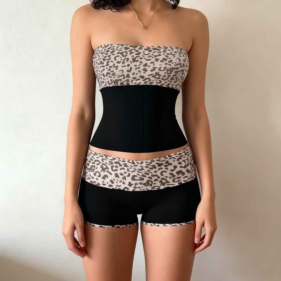 Damen Sportliches Crop-Top und Shorts-Set im modernen Leopardenmuster Drune