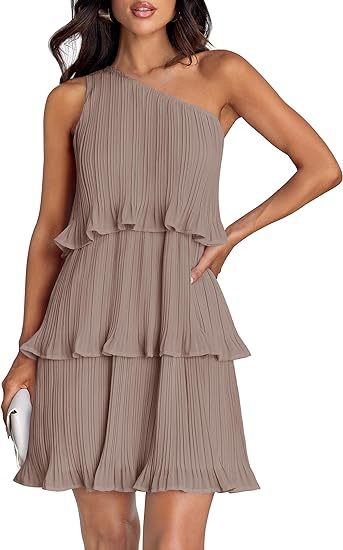 Damen Ärmelloses plissiertes Stufenkleid mit asymmetrischer Schulterpartie Drune