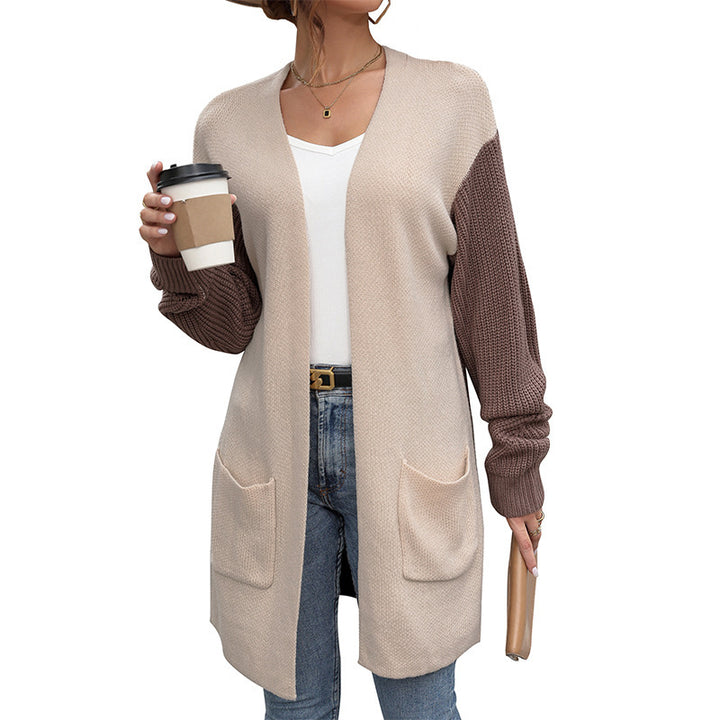Damen Lange Strickjacke mit Kontrastärmeln und aufgesetzten Taschen Drune