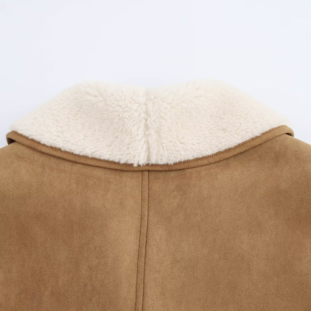 Damen Kurzmantel aus Veloursoptik mit Teddyfutter und Schalkragen Drune