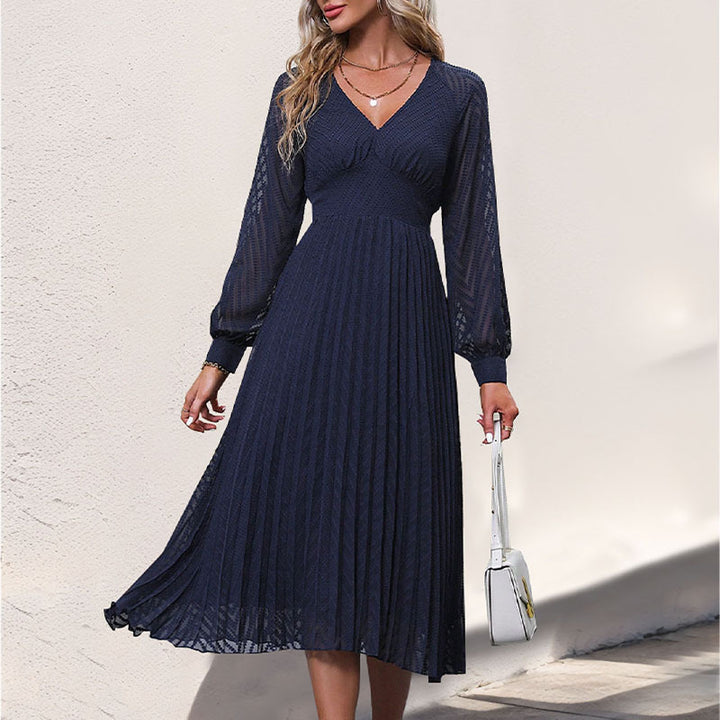 Damen Plissee Midi-Kleid mit V-Ausschnitt und langen Ärmeln Drune