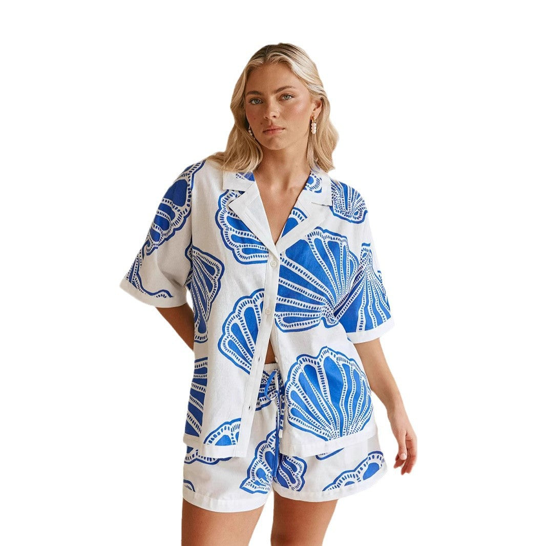 Damen Sommerliches Kurzarm-Set mit maritimem Muschel-Design und lockerer Passform Drune