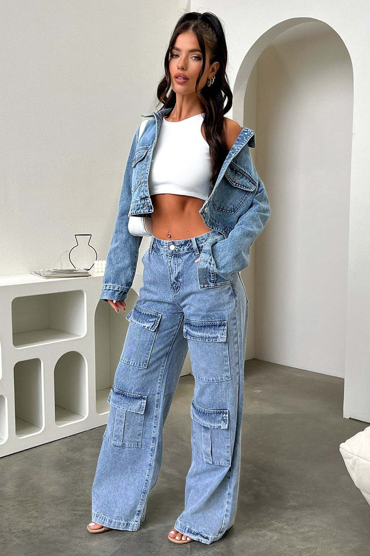 Damen nan High‑Waist Utility-Denimhose mit aufgesetzten Knie-Patches, Cargo‑Taschen und weitem Schlag Drune
