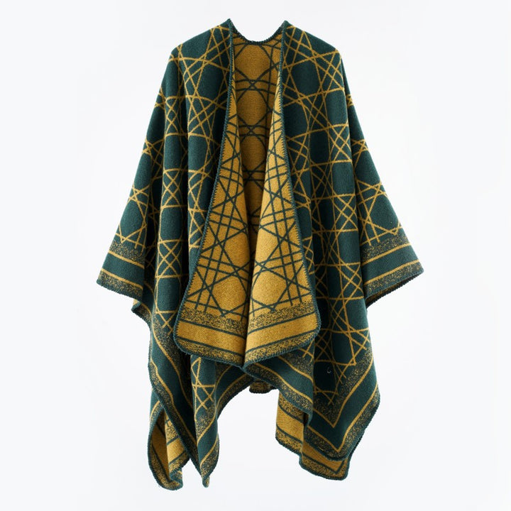 Damen Wendbarer Jacquard-Capeponcho mit geometrischem Allovermuster und offenem Kimono-Fall Drune