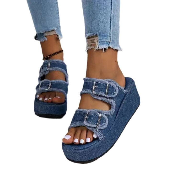 Damen bequeme Plattformsandalen aus Denim mit doppeltem Riemen Drune