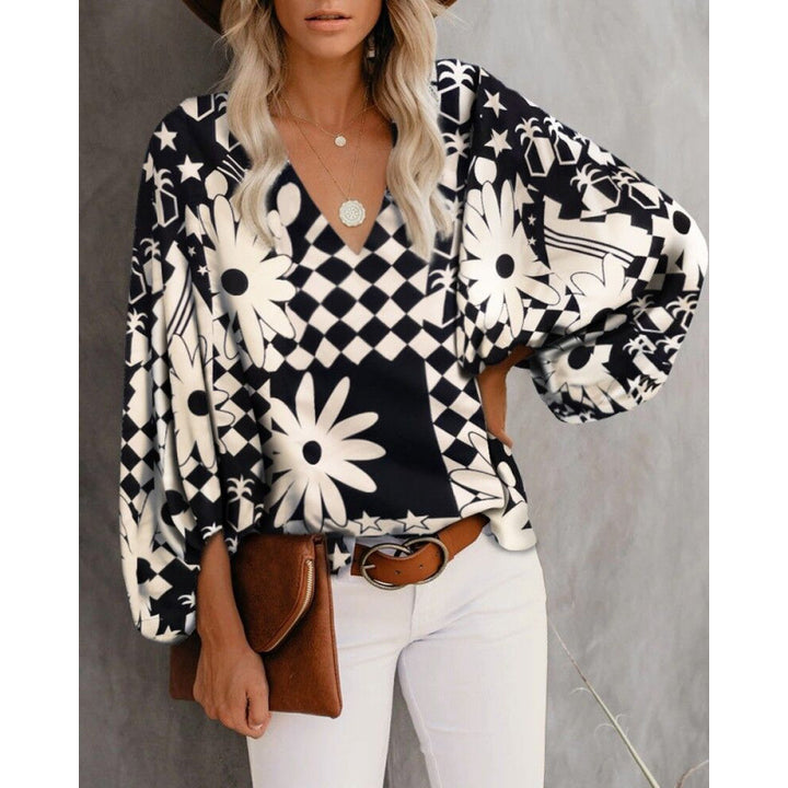 Damen Bluse mit weitem Puffärmel und eleganter V-Ausschnitt Drune