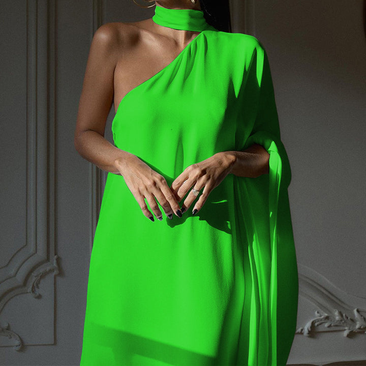 Damen elegantes One-Shoulder Abendkleid mit fließendem Stoff und schickem Kragen Drune