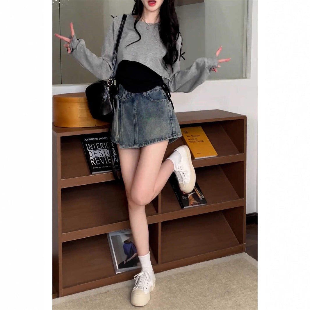 Damen lässiges Oversized-Crop-Top mit modischen Bindebändern Drune