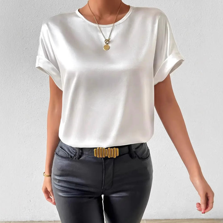 Damen nan leichtes Satin-Blusenshirt mit Rundhalsausschnitt und Umschlagärmeln Drune