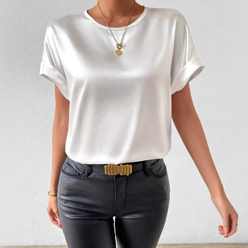 Damen nan leichtes Satin-Blusenshirt mit Rundhalsausschnitt und Umschlagärmeln Drune