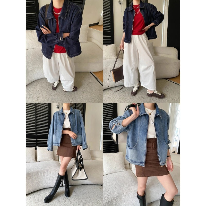 Damen lässige Denim-Jacke im Oversized-Stil mit praktischen Taschen und dezenten Details Drune