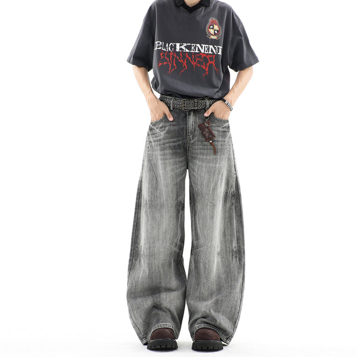 Herren Ultraweite Baggy-Jeans mit tiefem Schritt und strukturierter Faltenoptik Drune