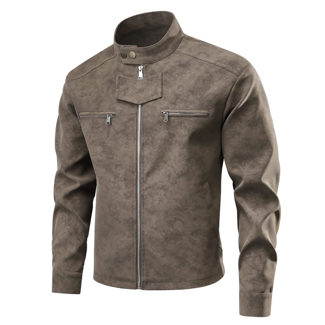 Herren Velourslederoptik-Bikerjacke mit Stehkragen, Brustreißverschlusstaschen & verdeckter Druckknopfblende Drune