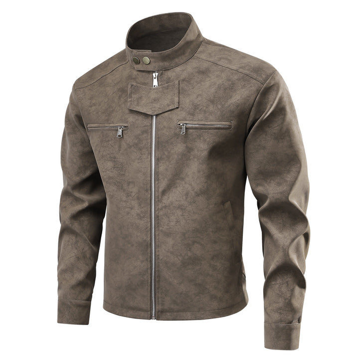 Herren Velourslederoptik-Bikerjacke mit Stehkragen, Brustreißverschlusstaschen & verdeckter Druckknopfblende Drune