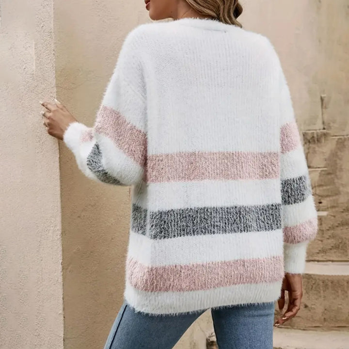 Damen Modische Strickjacke mit großen Knöpfen und auffälligem Streifenmuster Drune