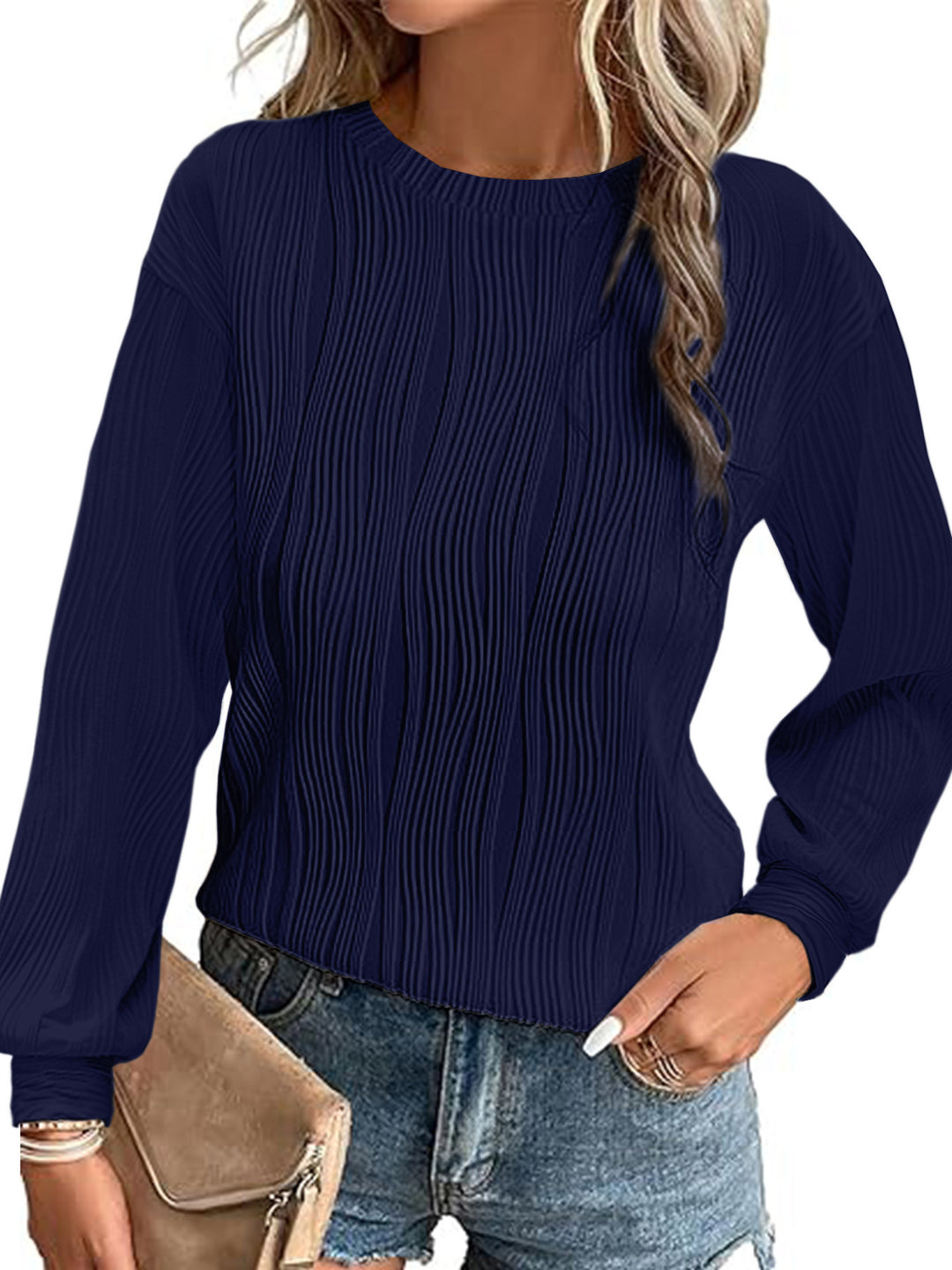Damen Fein plissiertes Langarmshirt mit Rundhalsausschnitt und strukturierter Wellenoptik Drune