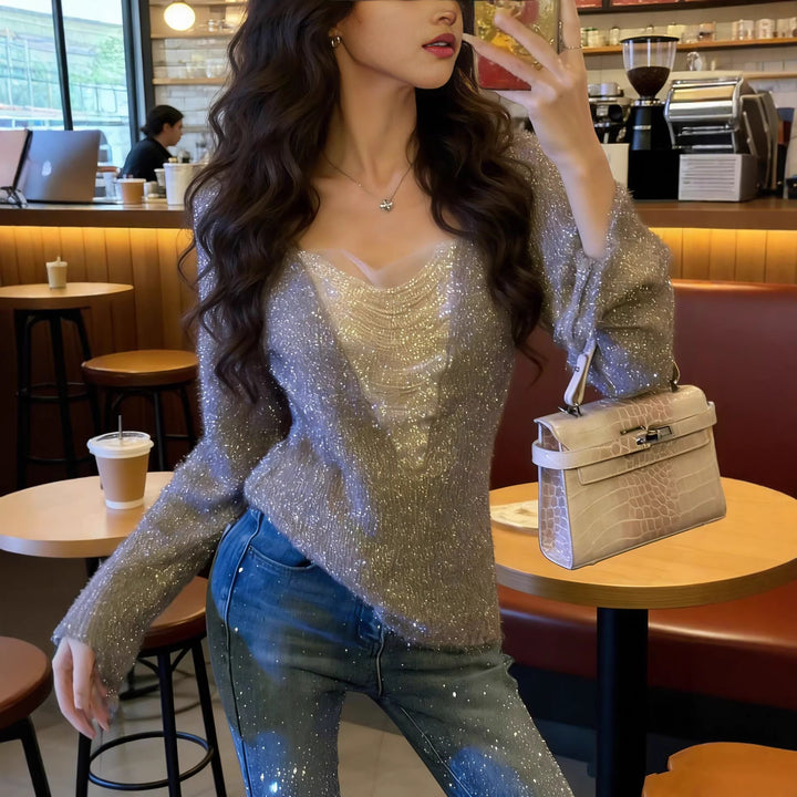 Damen Flauschiges Langarmshirt mit tiefem V‑Ausschnitt und Glitzer-Insert Drune