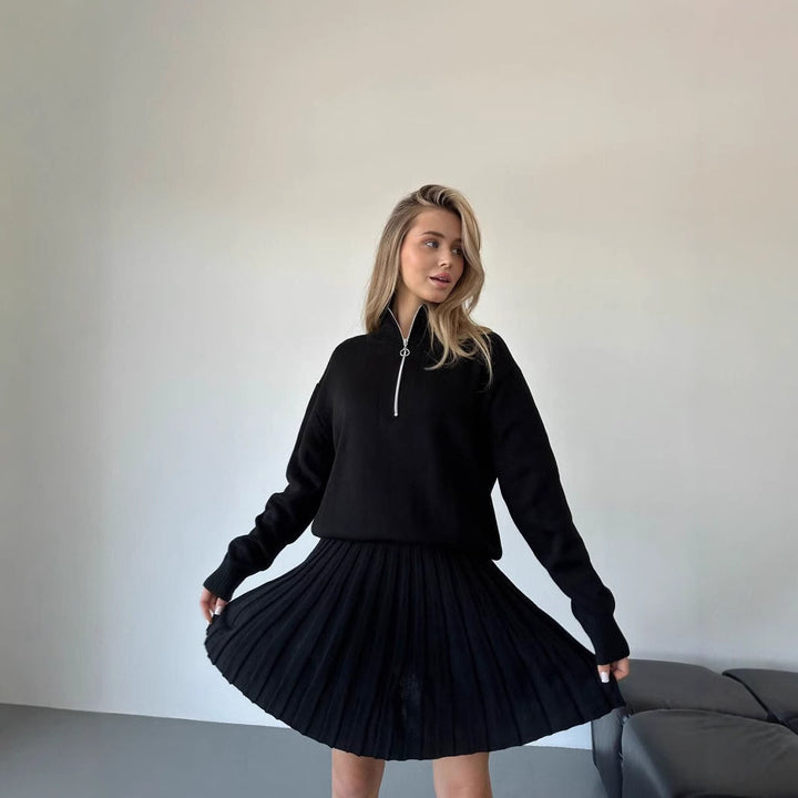 Damen gemütliches Strick-Set mit Reißverschluss-Pullover und plissiertem Rock Drune