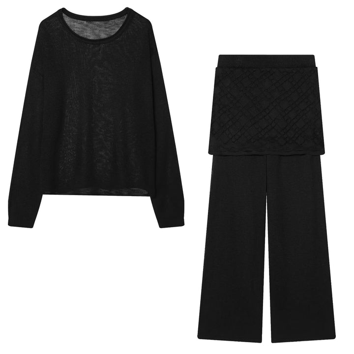 Damen Strick-Lounge-Set mit weitem Rundhals-Pullover und Highwaist-Schlaghose mit Spitzen-Detail Drune