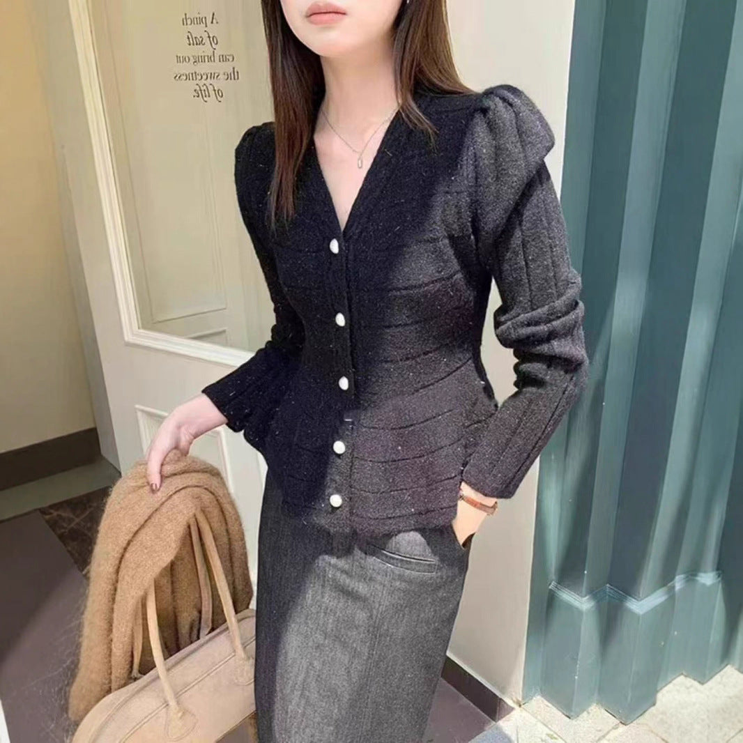 Damen elegante Strickjacke mit strukturiertem Design und femininen Puffärmeln Drune