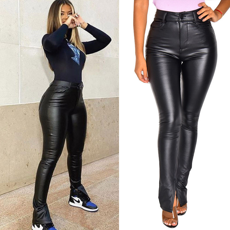 Damen High-Waist Skinny Lederimitat-Hose mit Frontschlitz Drune