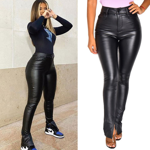 Damen High-Waist Skinny Lederimitat-Hose mit Frontschlitz Drune