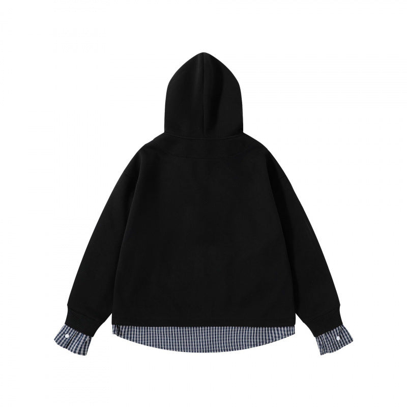 Damen Layering-Hoodie mit eingesetztem Hemdkragen, karierter Saum- und Manschettenoptik Drune