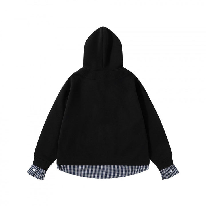 Damen Layering-Hoodie mit eingesetztem Hemdkragen, karierter Saum- und Manschettenoptik Drune