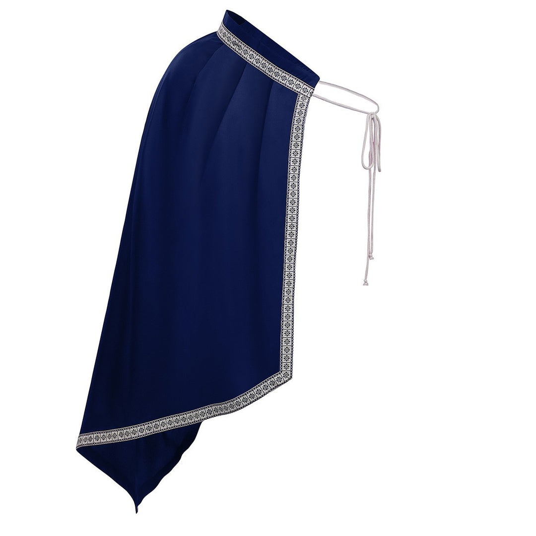 Unisex nan Schulterplattencape mit geschnürtem Kragen, Kunstfellbesatz, verstellbaren Lederriemen und asymmetrischer Schleppe Drune