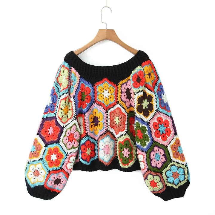 Damen lässiger, handgefertigter Pullover mit floralen Häkelmotiven Drune