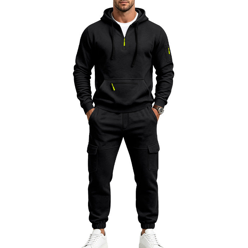 Herren Zweiteiliges Fleece-Loungewear-Set mit Halbzip-Kapuze und Cargo-Jogger Drune