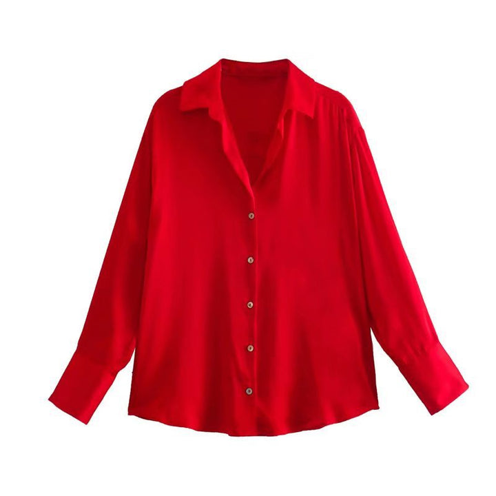 Damen Oversized Satinbluse mit Hemdkragen und breiten Manschetten Drune