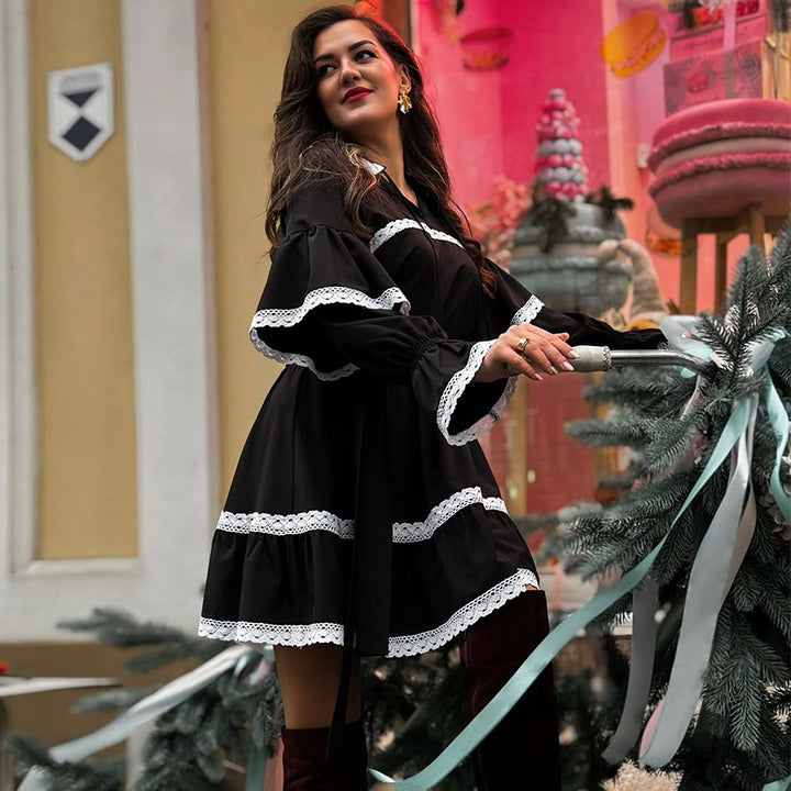 Damen elegantes Kleid mit Volants und Spitzenverzierungen Drune