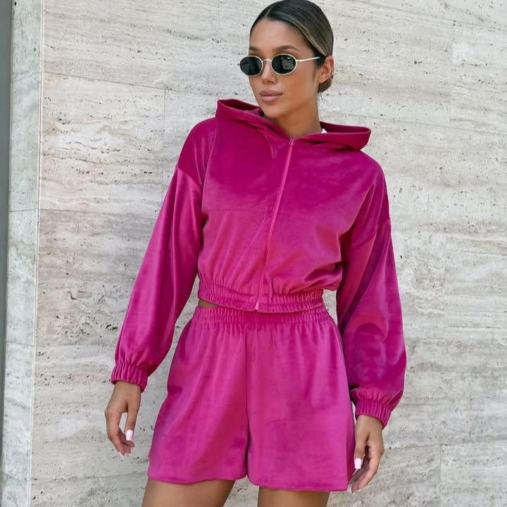 Damen kurzes Samt-Kapuzen-Set mit Reißverschluss und taillenbetonter Gummibund-Shorts Drune