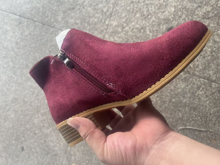 Damen Moderne Kurzschaft-Stiefelette mit sichtbarem Metallreißverschluss und niedriger Holzoptik-Blocksohle Drune