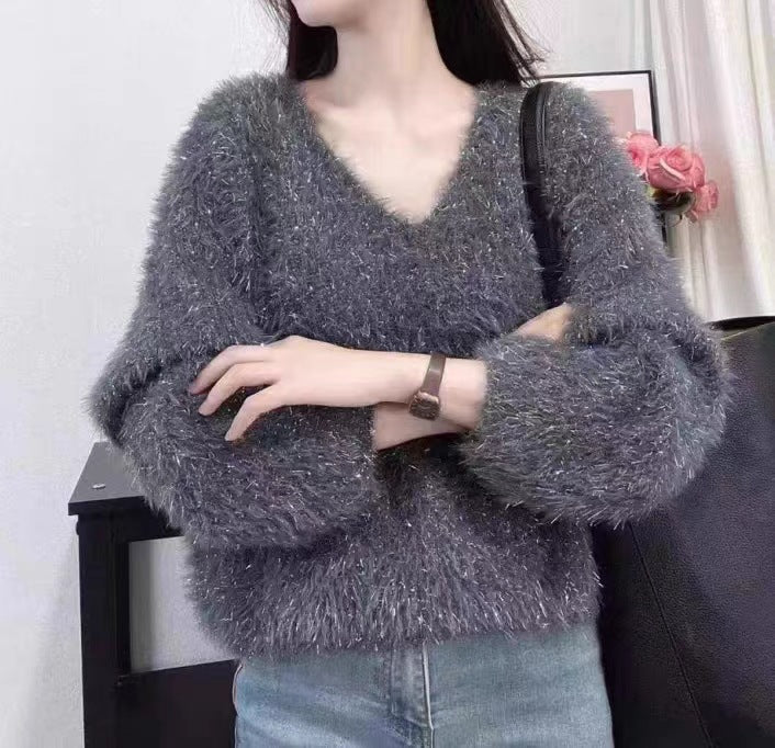 Damen Flauschiger V-Ausschnitt Pullover mit langem Arm und Glitzerfäden Drune